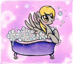 Size: 2048x1820 | Tagged: safe, artist:dariarchangel, derpy hooves, pegasus, pony, g4, :d, adorable face, background pony, bath, bath time, bathtub, blonde, blonde hair, blonde mane, blushing, bubble, cross-eyed, cute, cute face, cute smile, daaaaaaaaaaaw, derp, derpabetes, derpy being derpy, eye clipping through hair, female, foam, gray coat, happy, happy face, looking at something, lying down, mare, open mouth, open smile, pegasus wings, pretty, prone, smiling, soap bubble, solo, sparkles, spread wings, sweet dreams fuel, too cute, traditional art, weapons-grade cute, wet, wet hair, wet mane, wet mane derpy hooves, wings, yellow eyes