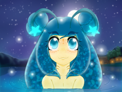 Size: 4200x3150 | Tagged: safe, artist:wojtek-ツ, oc, oc only, oc:aurora, original species, :3, antennae, cabin, cute, emerging from the shadows, facial markings, fanart, female, gills, glowing, glowing hair, looking up, moon, mountain, nature, outdoors, overland, overlander, particles, river, smiling, solo, starry night, tail, tree, water, water overlander