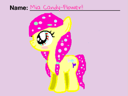 Size: 585x439 | Tagged: safe, artist:pinkiedashpony, oc, oc only, oc:mia candy flower, earth pony, pony, 1000 hours in ms paint, 2015, base used, blush sticker, blushing, candy, candy in hair, eyestrain warning, female, filly, foal, food, looking away, multicolored eyes, needs more saturation, pigtails, pink hair, reference sheet, scratch.mit.edu, simple background, smiling, solo, standing, text, twintails, yellow coat