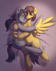 Size: 1812x2282 | Tagged: safe, artist:bkiltersot, oc, oc only, oc:dust, oc:toasty, pegasus, pony, unicorn, bedroom eyes, butt, cuddling, duo, duo male, gay, horn, hug, male, plot, stallion, winghug, wings