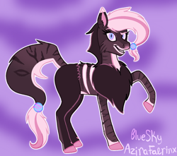 Size: 1048x927 | Tagged: safe, artist:azira faerinx, oc, oc only, earth pony, pony, beads, blank flank, bone, brown coat, brown mane, chest fluff, colored, colored lineart, earth pony oc, female, heart, mare, multicolored eyes, multicolored hair, multicolored mane, multicolored tail, pink hooves, pink nose, pokémon, ponified, raised leg, sharp teeth, smiling, smirk, solo, stripes, tail, teeth, transformation, transformed, white ear tip