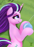 Size: 1401x1929 | Tagged: safe, artist:darksly, starlight glimmer, pony, unicorn, g4, body pillow, butt, commission, dock, female, glimmer glutes, horn, kite, kite flying, kite string, lidded eyes, lying down, mare, on side, outdoors, plot, smiling, solo, tail, that pony sure does love kites, windswept mane