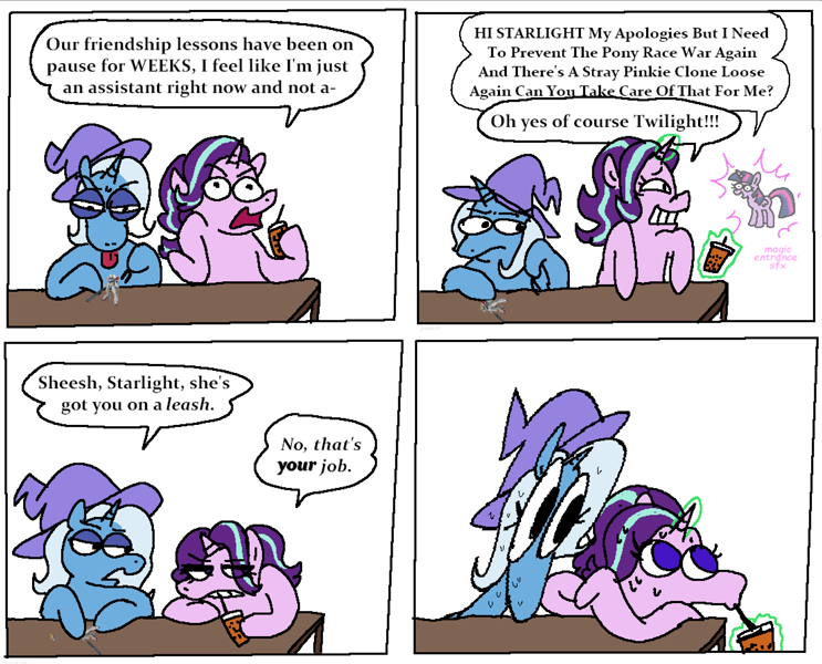 Size: 3324x2685 | Tagged: safe, artist:punkittdev, starlight glimmer, trixie, twilight sparkle, alicorn, pony, unicorn, g4, all in one, big eyes, bubble tea, comic, complaining, dexterous hooves, dialogue, drink, drinking, duo, duo female, featured image, female, figurine, freudian slip, frown, glowing, glowing horn, grin, gundam, hoof hold, horn, implied lesbian, implied shipping, implied startrix, implied twilight sparkle, levitation, lidded eyes, looking away, magic, mare, narrowed eyes, nervous sweat, no pupils, simple background, smiling, speech bubble, sweat, telekinesis, teleportation, tongue out, trio, trio female, twilight sparkle (alicorn), white background