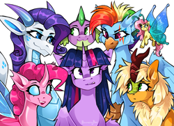 Size: 3809x2757 | Tagged: safe, artist:buvanybu, applejack, fluttershy, pinkie pie, rainbow dash, rarity, spike, twilight sparkle, alicorn, breezie, changedling, changeling, dragon, griffon, kirin, pony, g4, alternative cutie mark placement, breeziefied, changedlingified, changelingified, cute, dragonified, facial cutie mark, female, flutterbreez, griffonized, kirin applejack, kirin-ified, looking at each other, looking at someone, looking at you, mane seven, mane six, open mouth, open smile, pinkling, rainbow griffon, raridragon, simple background, smiling, species swap, twilight sparkle (alicorn), white background