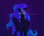 Size: 1700x1400 | Tagged: safe, artist:abbytabbys, nightmare moon, princess luna, alicorn, pony, g4, alternate universe, apologizing, apology, black coat, blue mane, blue sclera, blue tail, broken horn, colored eyebrows, colored eyelashes, colored horn, colored pupils, colored sclera, crying, dialogue, ears back, ethereal mane, facing you, female, floppy ears, flowing mane, flowing tail, frown, helmet, horn, implied princess celestia, long mane, long tail, looking at you, mare, mid-transformation, mismatched eyes, mismatched pupils, missing accessory, moonbound au, night background, nightmare luna, nightmare moon armor, purple eyelashes, purple text, sky background, slit pupils, solo, starry background, starry mane, starry tail, tail, talking, this will end in tears and/or a journey to the moon, transformation, unicorn horn, wavy mane, wavy tail