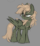 Size: 1302x1493 | Tagged: safe, artist:crimmharmony, oc, oc only, oc:murky, pegasus, pony, fallout equestria, fallout equestria: murky number seven, ears up, eyebrows, fanfic art, folded wings, lidded eyes, male, pegasus oc, scar, simple background, smiling, solo, stallion, standing, wings