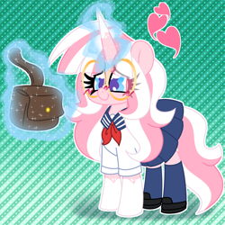 Size: 2000x2000 | Tagged: safe, artist:ladylullabystar, oc, oc:lady lullaby star, pony, unicorn, bag, clothes, female, glasses, horn, magic, mare, saddle bag, school uniform, solo, uniform