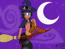 Size: 3556x2667 | Tagged: safe, artist:laurelcrown, oc, oc:laurel crown, anthro, unguligrade anthro, belly, belly button, broom, clothes, crescent moon, flying, flying broomstick, hat, male, moon, night, night background, socks, solo, striped socks, witch, witch hat