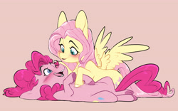 Size: 7608x4752 | Tagged: safe, artist:chub-wub, fluttershy, pinkie pie, earth pony, pegasus, pony, absurd resolution, blushing, chest fluff, duo, duo female, female, lesbian, looking at each other, looking at someone, lying down, mare, on back, one eye closed, open mouth, open smile, ship:flutterpie, shipping, smiling, smiling at each other, spread wings, wings