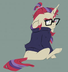 Size: 3130x3268 | Tagged: safe, artist:chub-wub, moondancer, pony, unicorn, g4, clothes, female, floppy ears, glasses, high res, horn, looking at you, looking back, looking back at you, mare, sitting, solo, sweater