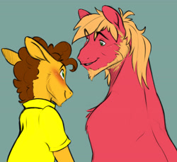 Size: 4943x4534 | Tagged: safe, artist:chub-wub, big macintosh, cheese sandwich, earth pony, pony, absurd resolution, beard, blushing, duo, duo male, eyebrows, eyebrows visible through hair, facial hair, gay, looking at each other, looking at someone, mac n cheese, male, shipping, smiling, smiling at each other, stallion