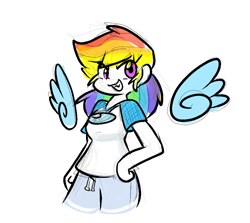 Size: 907x810 | Tagged: safe, artist:zutcha, rainbow dash, human, g4, amogus, among us, female, floating wings, grin, hand on hip, humanized, meme, simple background, smiling, solo, white background, winged humanization, wings