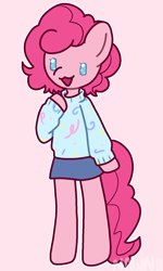 Size: 900x1500 | Tagged: safe, artist:nawnii, pinkie pie, semi-anthro, g4, clothes, pink background, simple background, skirt, solo, sweater