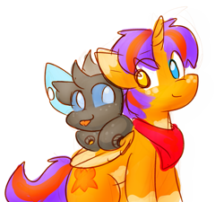 Size: 1309x1177 | Tagged: safe, artist:zutcha, oc, oc only, alicorn, changeling, pony, bandana, changeling oc, duo, duo male, freckles, heterochromia, looking at each other, looking at someone, male, simple background, smiling, smiling at each other, stallion, tongue out, white background