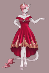 Size: 2025x3036 | Tagged: safe, artist:askbubblelee, oc, oc only, oc:rosie quartz, unicorn, anthro, unguligrade anthro, alternate universe, anthro oc, breasts, busty oc, cleavage, clothes, curved horn, digital art, dress, female, hair bun, horn, leonine tail, lipstick, mare, red dress, simple background, smiling, tail, unicorn oc