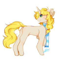 Size: 1100x1100 | Tagged: safe, artist:sleepiiistreets, oc, oc:coppertone, unicorn, fanfic:compatī, clothes, hairclip, horn, missing cutie mark, scarf, simple background, unicorn oc, white background