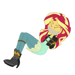 Size: 3000x3000 | Tagged: safe, artist:nie-martw-sie-o-mnie, sunset shimmer, human, equestria girls, g4, bondage, boots, bound and gagged, cloth gag, clothes, dress, eyes closed, femsub, gag, high heel boots, jacket, leggings, otm gag, rope, rope bondage, shoes, simple background, submissive, subset, transparent background