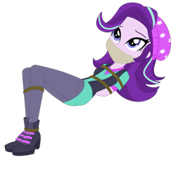 Size: 3000x3000 | Tagged: safe, artist:nie-martw-sie-o-mnie, starlight glimmer, human, equestria girls, g4, beanie, bondage, boots, bound and gagged, cloth gag, clothes, gag, hat, otm gag, rope, rope bondage, shoes, simple background, transparent background, vest