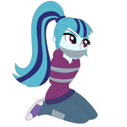 Size: 3000x3000 | Tagged: safe, artist:nie-martw-sie-o-mnie, sonata dusk, human, equestria girls, g4, bondage, bound and gagged, clothes, denim, gag, hoodie, jeans, kneeling, pants, simple background, tape, tape bondage, tape gag, transparent background