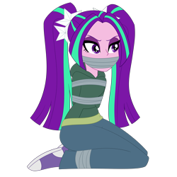 Size: 3000x3000 | Tagged: safe, artist:nie-martw-sie-o-mnie, aria blaze, human, equestria girls, g4, bondage, bound and gagged, clothes, denim, eyeshadow, gag, hoodie, jeans, kneeling, makeup, pants, simple background, tape, tape bondage, tape gag, transparent background