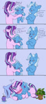 Size: 4274x9510 | Tagged: safe, artist:chub-wub, phyllis, starlight glimmer, trixie, pony, unicorn, g4, ..., absurd resolution, bipedal, blushing, colored hooves, comic, crossed hooves, crush plush, cuddling, cup, dialogue, dork, drink, duo, duo female, eyelashes, eyes closed, eyes open, female, fetlock tuft, floppy ears, grammar error, grin, holding, hoof hold, hooves, horn, human shoulders, lesbian, lidded eyes, looking at each other, looking at someone, mare, mug, narrowed eyes, no pupils, open mouth, plant, plant pot, plushie, pony plushie, purple hooves, ship:startrix, shipping, smiling, smiling at someone, speech bubble, sweat, tail, talking, three quarter view, trixie plushie, tsundere, tsunlight glimmer, two toned mane, two toned tail