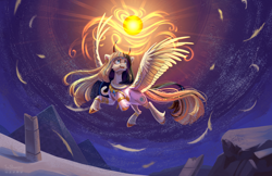 Size: 3880x2509 | Tagged: safe, artist:teaflower300, oc, oc only, oc:hathor, pegasus, pony, art trade, colored hooves, flying, gold hooves, hooves, lighting, looking up, magic, pegasus oc, pyramid, solo, spread wings, tail, two toned mane, two toned tail, unshorn fetlocks, wings