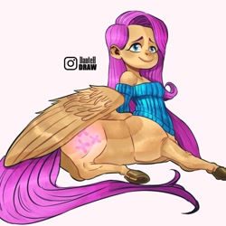 Size: 1080x1080 | Tagged: safe, artist:littledan-art, part of a set, fluttershy, centaur, human, taur, g4, centaurified, centaurshy, female, glowing cutie mark, humanized, looking at you, lying down, pegataur, pony coloring, signature, simple background, smiling, smiling at you, solo, species swap, white background, wings