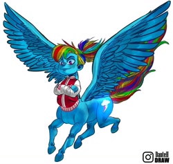 Size: 1080x1023 | Tagged: safe, artist:littledan-art, part of a set, rainbow dash, centaur, human, taur, g4, centaurdash, centaurified, crossed arms, female, humanized, jacket, pegataur, pony coloring, ponytail, signature, simple background, solo, species swap, spread wings, varsity jacket, white background, wings