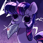 Size: 2048x2048 | Tagged: safe, artist:izuchi, princess luna, twilight sparkle, alicorn, pony, unicorn, g4, derp, drool, f, female, gradient background, horn, lightning, mare, mouth hold, paper, solo focus, twilight snapple, unicorn twilight