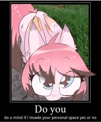 Size: 648x784 | Tagged: safe, artist:cheddart, oc, oc only, oc:cheddy, pegasus, blue eyes, blushing, boop, emo, fangs, floppy ears, heart, heart eyes, joke oc, looking at you, meme, noseboop, outdoors, park, pegasus oc, personal space invasion, pink, solo, wingding eyes