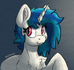 Size: 1341x1266 | Tagged: safe, artist:reddthebat, dj pon-3, vinyl scratch, pony, unicorn, g4, chest fluff, ear fluff, eye clipping through hair, female, gradient background, horn, mare, missing accessory, no glasses, signature, smiling, solo