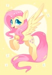 Size: 1384x2000 | Tagged: safe, artist:yangere, fluttershy, pegasus, pony, g4, abstract background, blushing, cute, female, flying, full body, mare, open mouth, open smile, shyabetes, smiling, solo, spread wings, wings