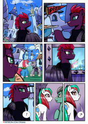 Size: 1280x1811 | Tagged: safe, artist:dsana, fizzlepop berrytwist, tempest shadow, oc, oc:spiegel, earth pony, pegasus, pony, unicorn, comic:a storm's lullaby, g4, canterlot, female, food, horn, male, mare, outdoors, pizza, stallion