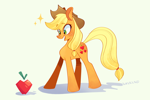 Size: 1800x1200 | Tagged: safe, artist:luohanmelody, applejack, earth pony, pony, g4, :d, apple, blushing, date, female, food, freckles, full body, hat, light green background, mare, open mouth, open smile, shadow, smiling, solo, sparkles