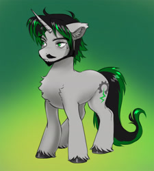 Size: 2700x3002 | Tagged: safe, artist:opalacorn, oc, oc only, oc:logic loop, pony, unicorn, beard, black and green, chest fluff, facial hair, floppy ears, gradient background, high res, horn, male, moustache, solo, stallion, unshorn fetlocks