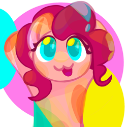 Size: 1080x1080 | Tagged: safe, artist:cui5255365, pinkie pie, earth pony, pony, g4, :3, abstract background, bust, colorful, cute, diapinkes, female, mare, open mouth, open smile, raised hoof, raised hooves, smiling, solo