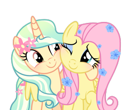 Size: 1409x1220 | Tagged: safe, alternate version, artist:cstrawberrymilk, fluttershy, oc, oc:petunia mist, pegasus, pony, unicorn, g4, base used, blue eyeshadow, blushing, brown eyes, cream coat, duo, duo female, eyelashes, eyeshadow, female, female oc, flower, flower in hair, flower in tail, gradient mane, gradient tail, green mane, green tail, horn, hug, long mane, long tail, looking at each other, looking at someone, makeup, mare, mare oc, one eye closed, pink eyeshadow, pink mane, pink tail, raised hoof, show accurate, simple background, smiling, smiling at each other, striped mane, striped tail, tail, teal eyes, transparent background, unicorn horn, unicorn oc, vector, wavy mane, wavy tail, winghug, wings, yellow coat