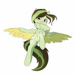 Size: 3000x3000 | Tagged: safe, artist:s0urceart, oc, oc only, oc:akane, pegasus, pony, concave belly, eyes open, flying, green coat, green mane, grin, looking at you, simple background, smiling, solo, watermark, white background, yellow eyes