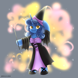 Size: 4134x4134 | Tagged: safe, artist:jjsh, oc, oc only, oc:nighttime wishes, pony, unicorn, absurd resolution, bipedal, chest fluff, clothes, costume, female, hat, horn, looking at you, magic, magic wand, mare, solo, witch hat