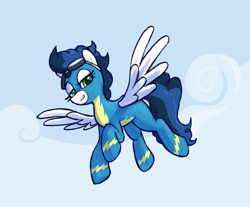 Size: 877x726 | Tagged: safe, artist:backgroundmares, high winds, pegasus, pony, g4, clothes, cloud, female, lidded eyes, looking at you, looking down, looking down at you, mare, outdoors, smiling, solo, spread wings, uniform, wings, wonderbolts uniform