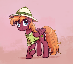 Size: 827x721 | Tagged: safe, artist:backgroundmares, sweet pepper, pegasus, pony, g4, clothes, female, folded wings, hat, mare, raised hoof, safari hat, shirt, smiling, solo, tail, wings