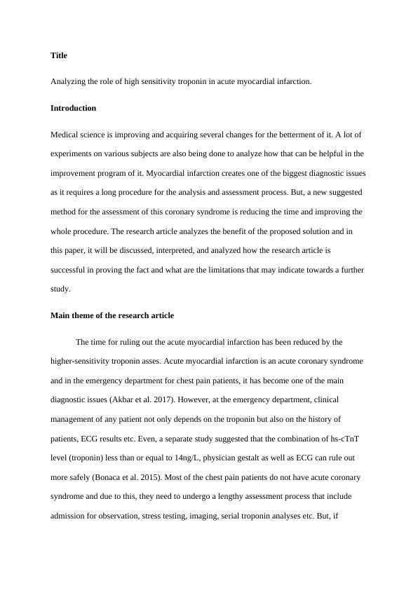 Role of High Sensitivity Troponin in Acute Myocardial Infarction