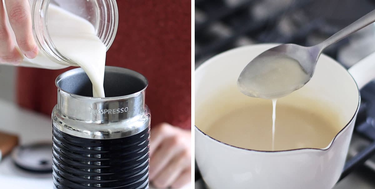 oat milk heated in frother and thickened on stove top.