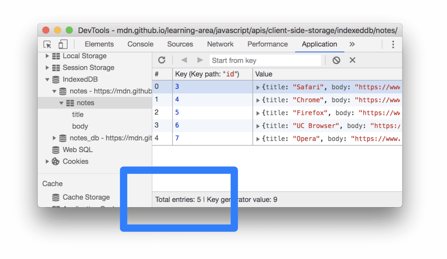 إجمالي الإدخالات في قاعدة بيانات IndexedDB.