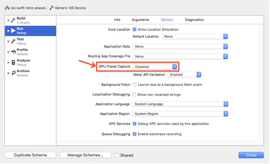 האפשרות של צילום פריימים ב-GPU של Xcode בדף הכללי של מכשיר iOS