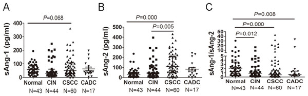 sAng-2 concentration and sAng-1/sAng-2 ratio are altered in patients with cervical neoplasia.