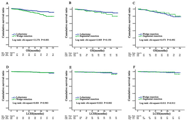 Three surgery groups were assessed as pairs with KM curves.