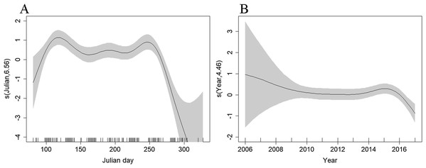 Plot of the GAM smooth fit of abundance between (A) Julian days, and (B) Years on the Scilly’s route.