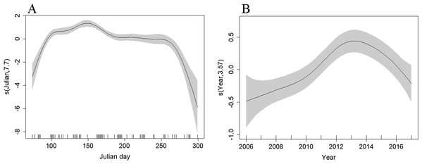 Plot of the GAM smooth fit of abundance across (A) Julian days and (B) Years in the Bay of Biscay.