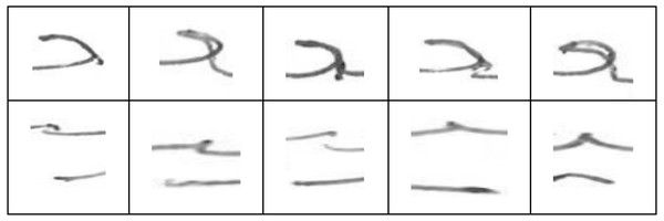 Variations in extracted ain_middle (top) and yaa_middle (bottom) characters written by same user (user05).